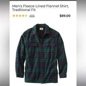 LL Bean Fleece Lined Flannel Shirt, Traditional Fit, Black Watch, Large Tall